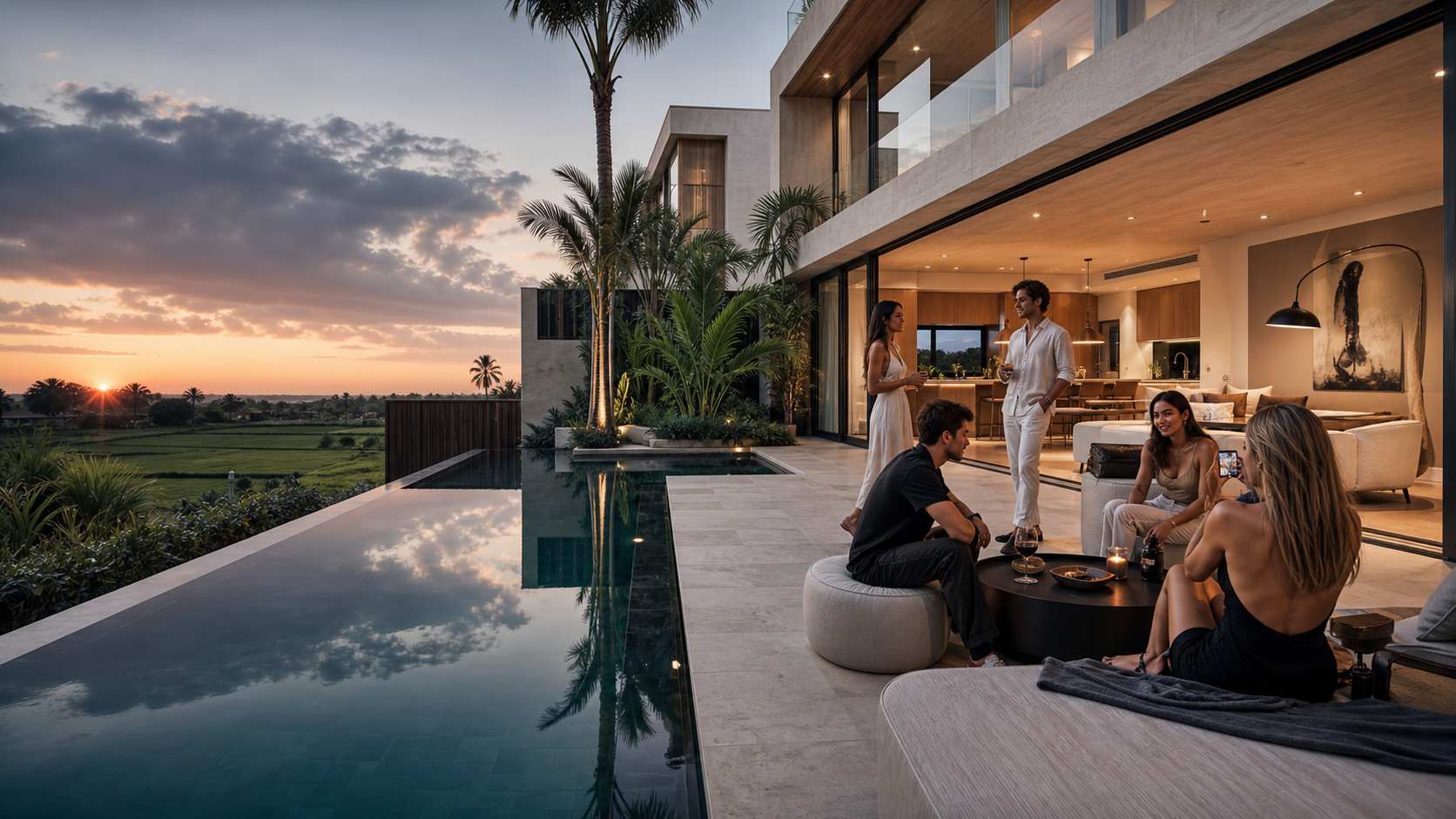 A contemporary Canggu creator villa at sunset